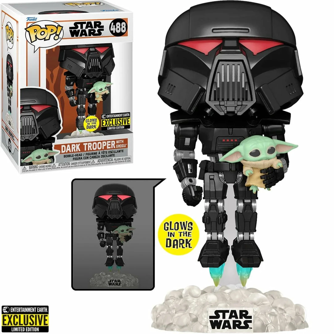 Best Pirce 🤩 FUNKO POP! Starwars: Dark Trooper With Grogu EE Exclusive "Glows In The Dark" ⭐ 4 FUNKO POP! Starwars: Dark Trooper With Grogu EE Exclusive "Glows In The Dark"